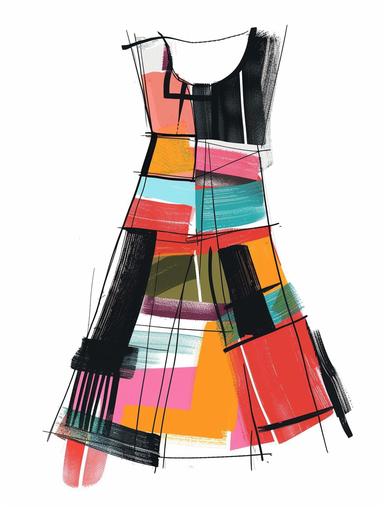 fashion sketch of minimalist A-line cut dress urban style, with large pockets::2 Vinicunca rainbow mountain inspired, by Piet Mondrian, flat bold vivid colors, bold black outline, striking effect --ar 3:4 --v 6.0 --style raw