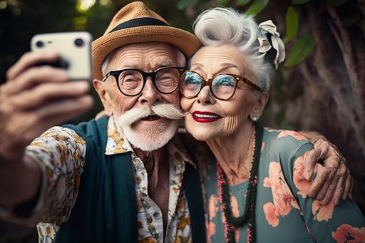 fashionable grandparents take a selfie, funny, sunshine Photography , Photography, Photoshoot, Shot on 70mm lens, Depth of Field, DOF, Tilt Blur, F/22, White Balance, 32k, Super-Resolution, Megapixel, Pro Photo RGB ,light key --ar 3:2