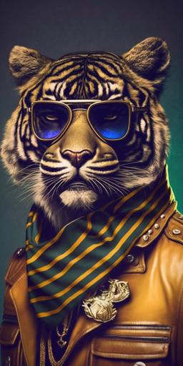 fashionable hipster tiger with sunglasses is the owner of a fancy citadel --ar 1:2 --c 45 --s 250 --v 4 --uplight