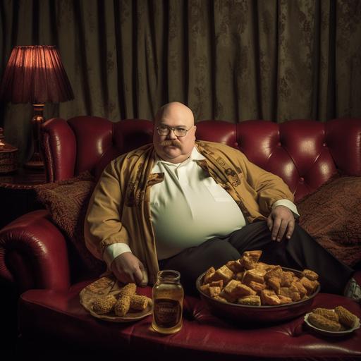 fat bald guy on the sofa with mustache, kfc chicken around