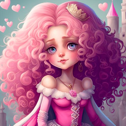 fat beautiful pink princess, castle in the background, pink clouds, curly pink hair, sparkles, hearts, valentine, cherub, button nose, adorable, big lips, pink eyes, long eyelashes, royal gown, sparkling tiara, pastel, --v 4