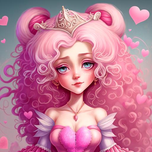 fat beautiful pink princess, castle in the background, pink clouds, curly pink hair, sparkles, hearts, valentine, cherub, button nose, adorable, big lips, pink eyes, long eyelashes, royal gown, sparkling tiara, pastel, --v 4