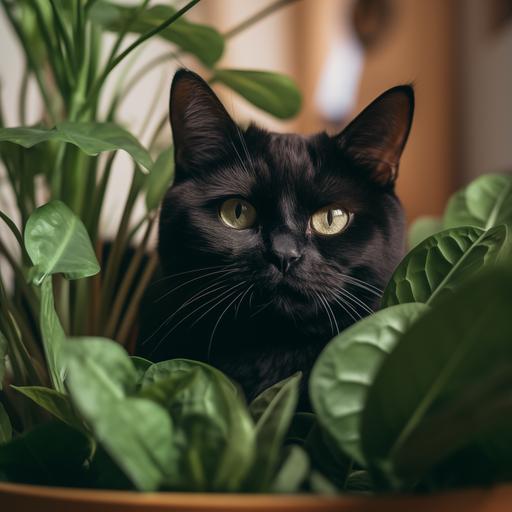 fat black cat, green eyes, playing in the house plants, green eyes --v 5.2