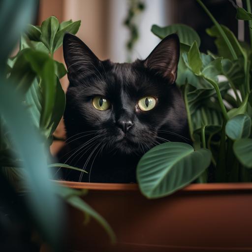 fat black cat, green eyes, playing in the house plants, green eyes --v 5.2