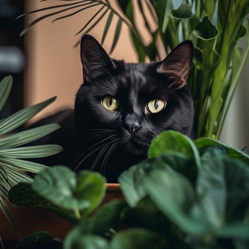 fat black cat, green eyes, playing in the house plants, green eyes --v 5.2