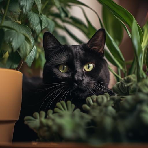 fat black cat, green eyes, playing in the house plants, green eyes --v 5.2