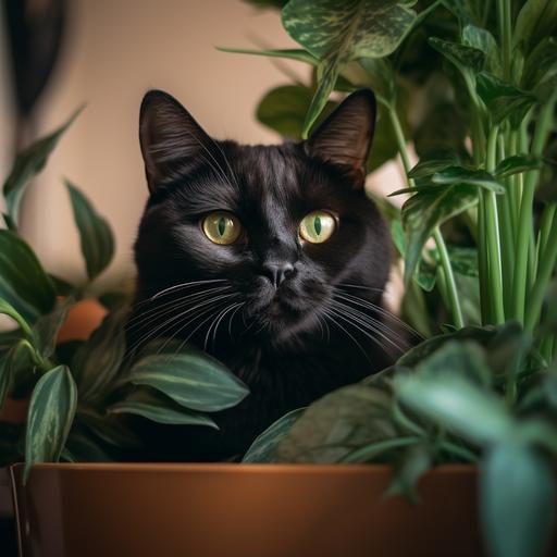 fat black cat, green eyes, playing in the house plants, green eyes --v 5.2