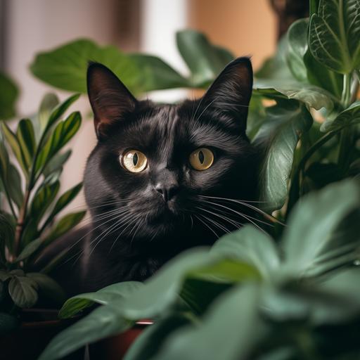 fat black cat, green eyes, playing in the house plants, green eyes --v 5.2