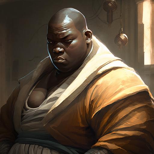 fat black guy as a monk getting ready for combat close up image