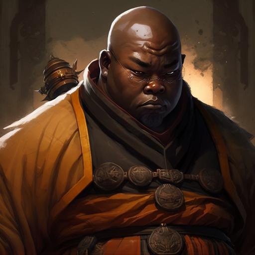 fat black guy as a monk getting ready for combat close up image