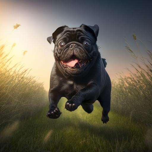 fat black pug dog, running through field to excited owner, photorealistic, cinematic, accent lighting, global illumination --uplight --v 4