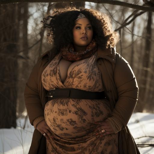 fat black woman 200 kg in winter forest