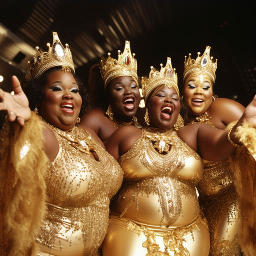 fat black women with gold teeth in all gold gowns and crowns