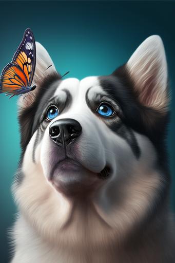 fat cute dog husky, children's book illustration, butterfly on the dog husky's nose, 8k --ar 2:3