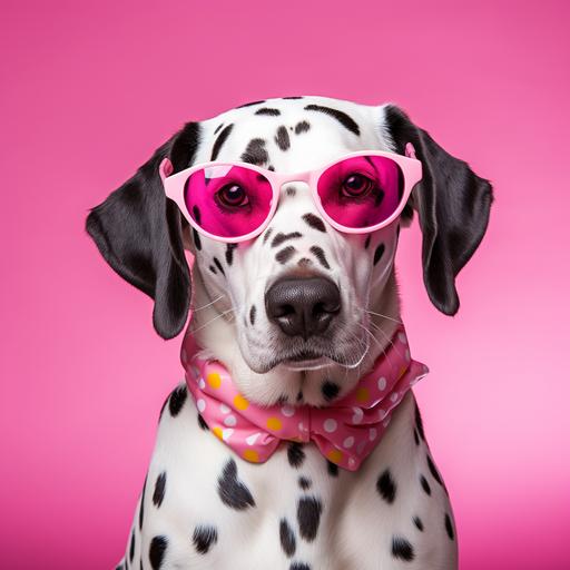 fat dog breed dalmatian working as C.O.E. of plastic yellow ducks company, wearing pink retro glasses, pop art design