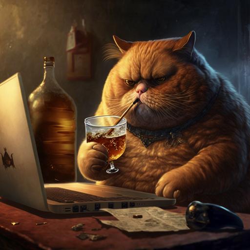 fat dumb looking cat on a laptop drinking whiskey and a cigar and a straw