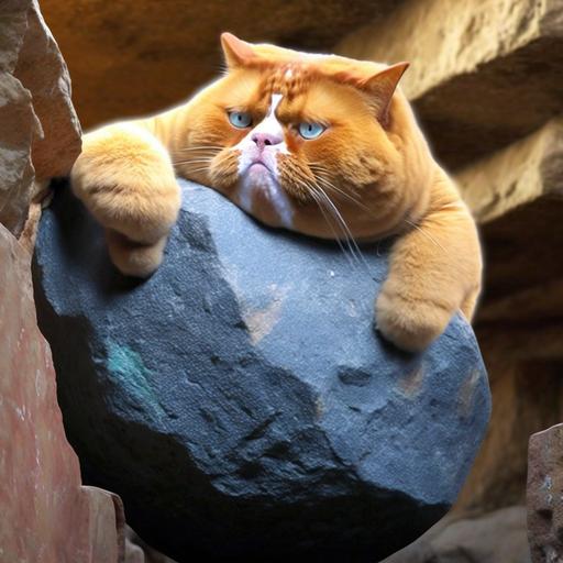 fat ginger tabby cat climbing v10 boulder problem and smoking cigar at the same time