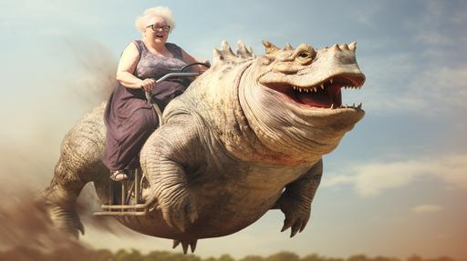 fat granny riding a hyalopterus, excited, happy --ar 16:9