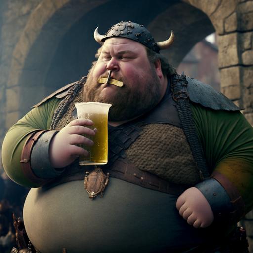 fat guy like shrek with beard drinking a beer