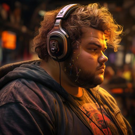 fat guy with beer belly curly hair on top short hair on the side, one hoop earring on the left ear and a plug earing on the right ear playing videos games. in realistic cyberpunk style