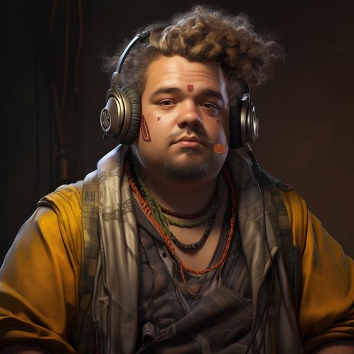 fat guy with beer belly curly hair on top short hair on the side, one hoop earring on the left ear and a plug earing on the right ear playing videos games. in realistic cyberpunk style