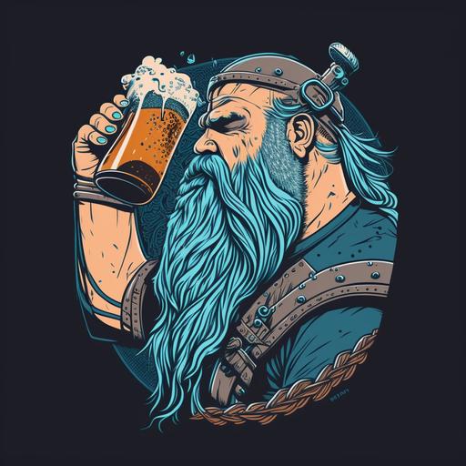 fat guy with long beard looking like a viking drinking beer taking a sip beer is on his beard, like a team logo