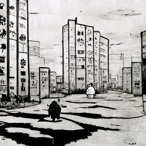 fat kid character anime japanese city black ink