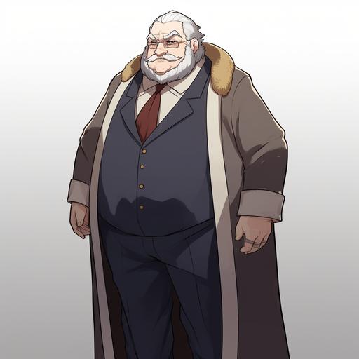 fat old man in formal suit , anime style , --v 5.0