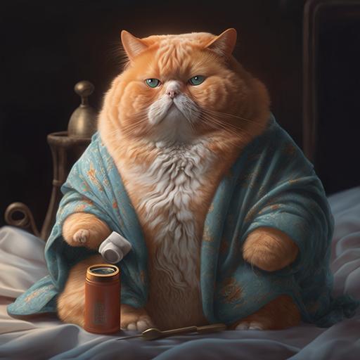 fat orange cat in a robe with cheeto puff in his paw