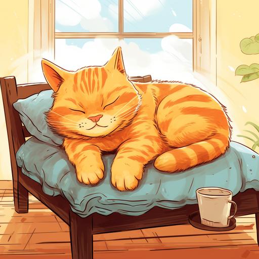 fat orange tabby cat getting sleepy, cartoon style, bright colors, childrens book