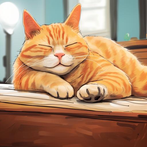 fat orange tabby cat getting sleepy, cartoon style, bright colors, childrens book