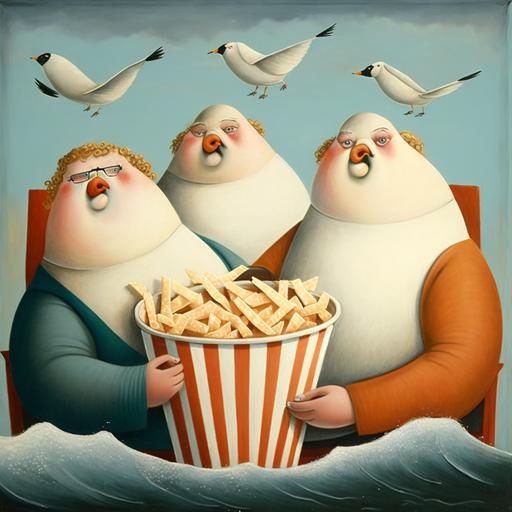 fat seagulls eating chips in the style of beryl cook