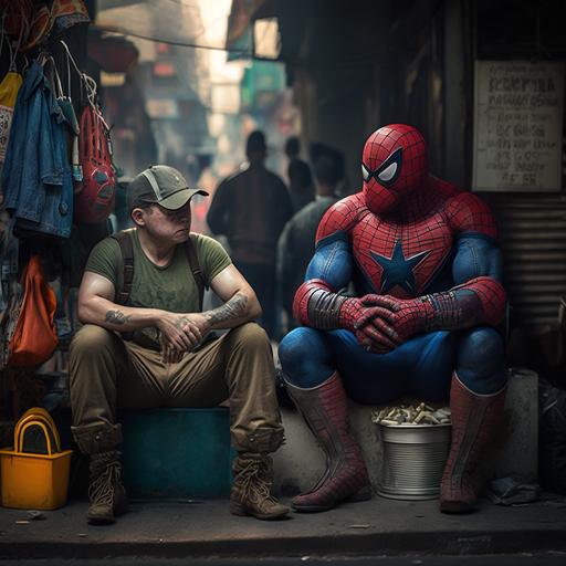 fat spider man & Captain America, the village idiot, Vietnam, Vietnam street food, Vietnam street vendors, the fool, the jester in an unemployment line, cinematic, photographic, dramatic light, single light from the bottom, detailed, 8k --uplight