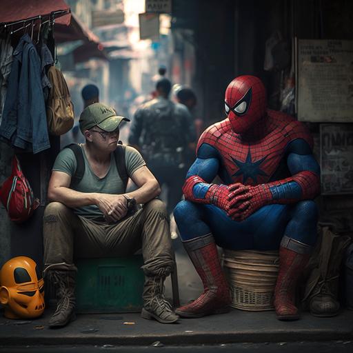 fat spider man & Captain America, the village idiot, Vietnam, Vietnam street food, Vietnam street vendors, the fool, the jester in an unemployment line, cinematic, photographic, dramatic light, single light from the bottom, detailed, 8k --uplight