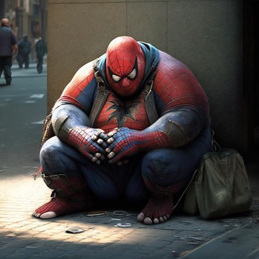 fat spider man asking for charity sitting on the ground, on the sidewalk, photorealistic, dark colors and light, full figure
