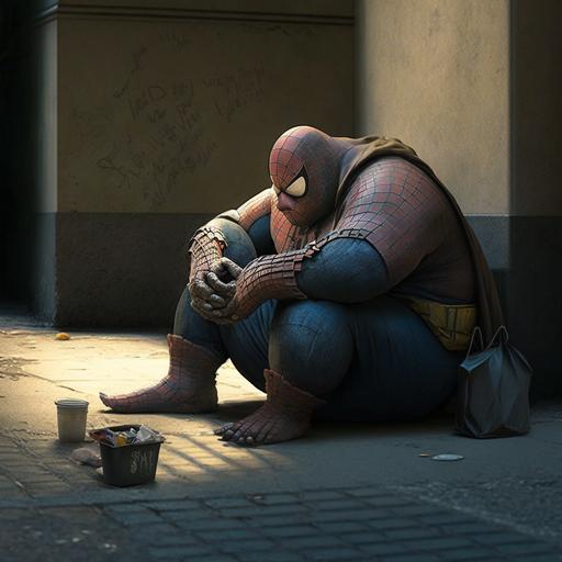fat spider man asking for charity sitting on the ground, on the sidewalk, photorealistic, dark colors and light, full figure
