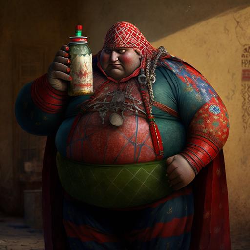 fat spider-man with the face of an Indian in Bashkir national costume, holding a can of Coca Cola zero in his hand