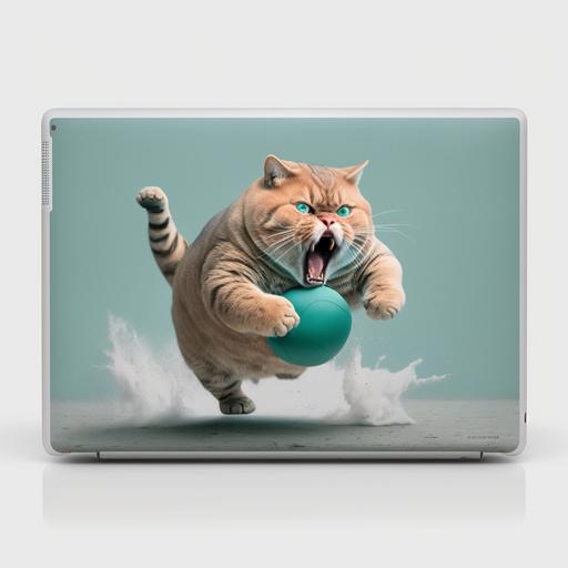 fat tabby cat kicking off macbook pro from teal drawer as it runs away
