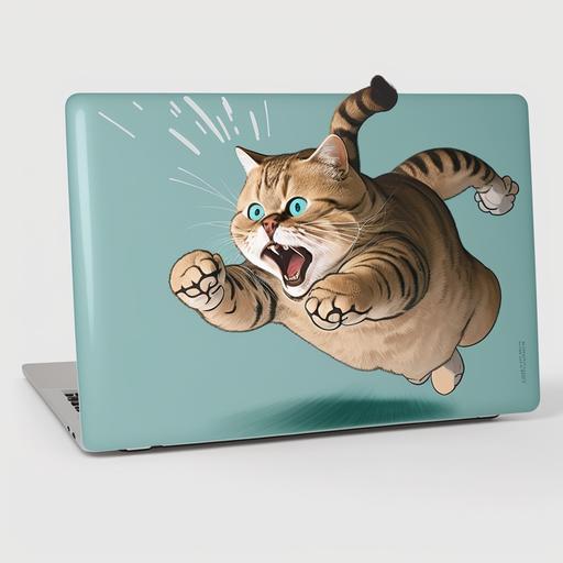 fat tabby cat kicking off macbook pro from teal drawer as it runs away