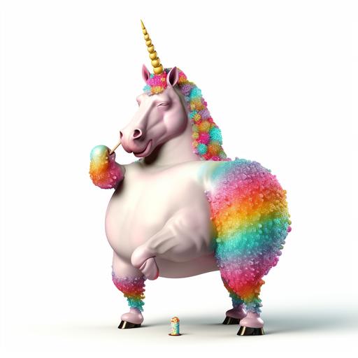 fat unicorn, drunk, make it look absurd and extra funny, rainbow, lolipop in white background
