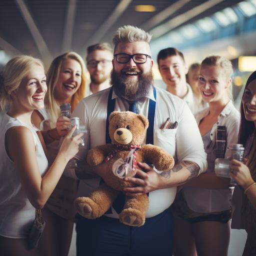 fat white beard man in airport holding a toy teddy bear, with few pretty cabin crew surrounding happy