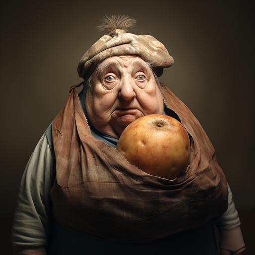 fat worried granny wearing a potato bag and with a melanoma on the nose