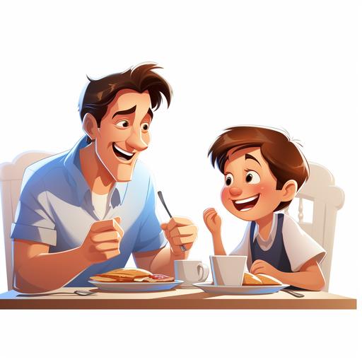 father and boy sitting at the table, eating lunch, cartoon, disney animation, white background --v 5.2