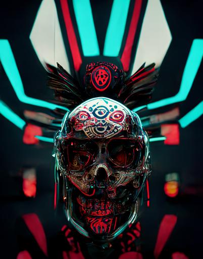 sci-fi symmetrical, aztec skull, ornate decals, feathered headwear, neo-tokyo, midnight, blackpaper with Intricate and vibrant red linework, hypermaximalist, cinematic lighting, hyper-detailed, cgsociety, artstation, 8k, high resolution, spray paint, concept art. --ar 4:5