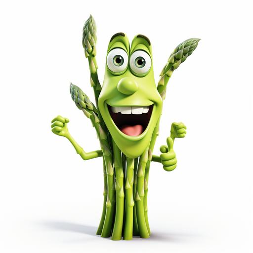 asparagus, in disney cartoon style, with funny smiling face, on white background