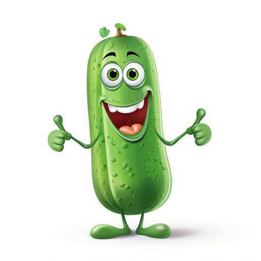 cucumber, in disney cartoon style, with funny smiling face, on white background