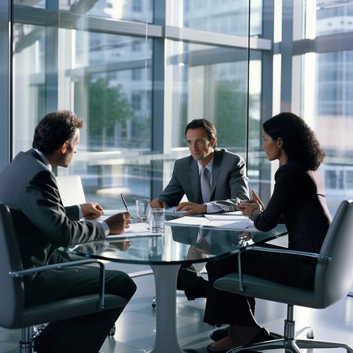 high definition, photo taken with a professional camera, Sure, here is a prompt you can use to create a realistic image of a business meeting in a modern office: In a modern office with glass walls, a three-person business meeting is taking place. The men are seated around a polished mahogany conference table, their voices echoing in the spacious room. At the head of the table is a man with dark brown hair and a receding hairline. He is dressed in a sharp, contemporary suit with a neatly knotted tie, and he exudes authority and confidence. To his left, a second man, also perfectly dressed in a tailored suit, leans forward to attentively follow the remarks of his colleague. His face is framed by a pair of elegant rimless glasses with a rounded shape, giving his appearance a touch of refinement. While his hair is rather short, he wears a subtle hint of sideburns, which in German are called 