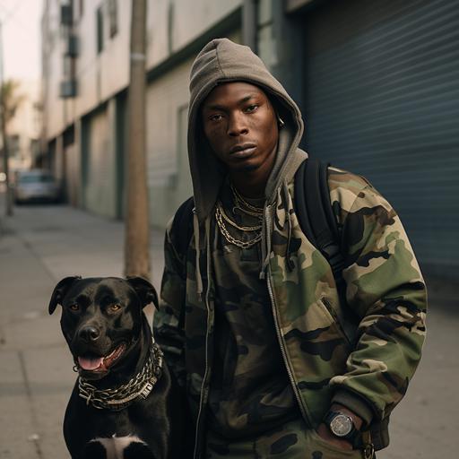 fearless black man in army green camo standing outside an urban modern neighborhood with a pitbull