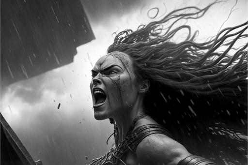 fearsome female Klingon warrior Princess, today is a good day to die, epic scene, dueling stance, screaming at her enemies, battle rage, against the giants, heavy rain and strong wind, photographed by fan ho --ar 3:2 --q 2 --v 4 --s 750