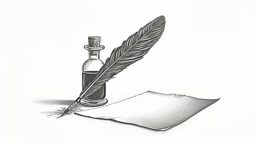 feather quill pen resting in a glass inkwell flask and beside it, a sheet of paper, isolated on a white background, 19th century black and white illustration:: --aspect 16:9 --version 6.0 --no people --s 50